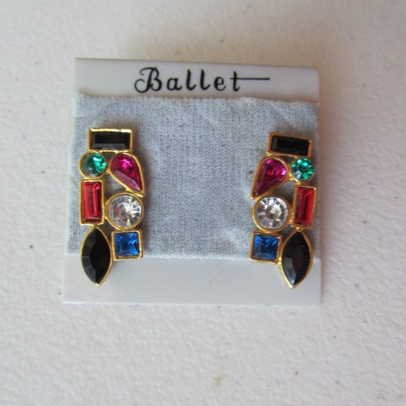Ballet Multi color Stones Crystals Geometrical Shapes Motifs Stud Earrings - Picture 7 of 7